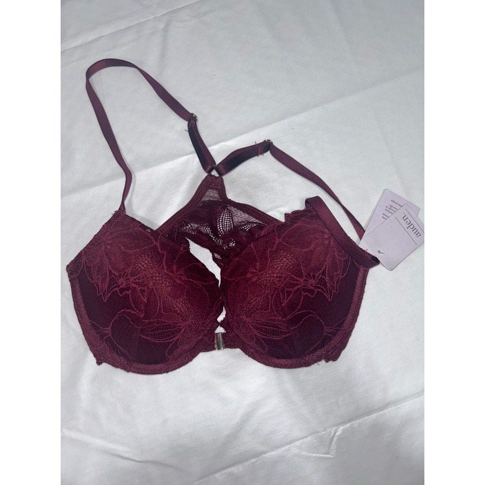 Auden Lace Push Up Front Close Plunge Bra 32C Berry Burgundy Racerback NWT